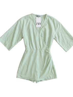 Zara Mint Green Wrap Romper V Neck Summer Outfit Wide Sleeve Vacation XS